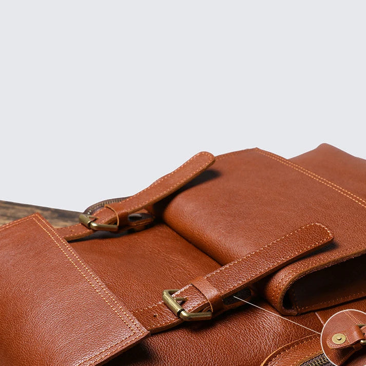 Tall leather rucksack with top flap