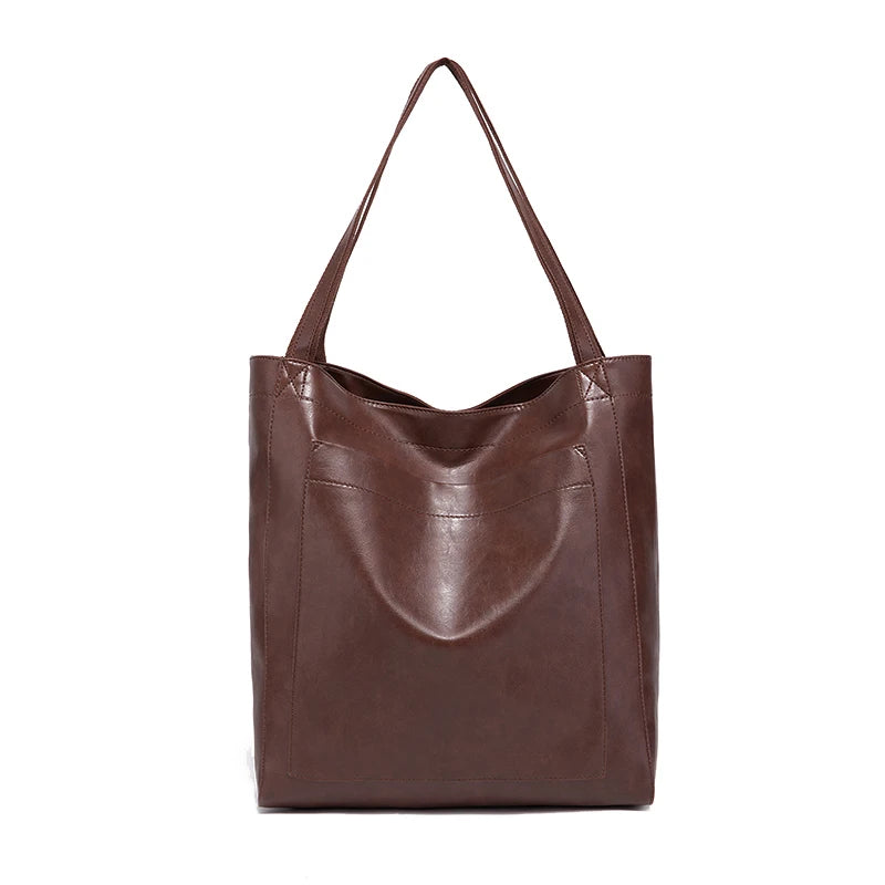Large capacity leather tote bag with pocket