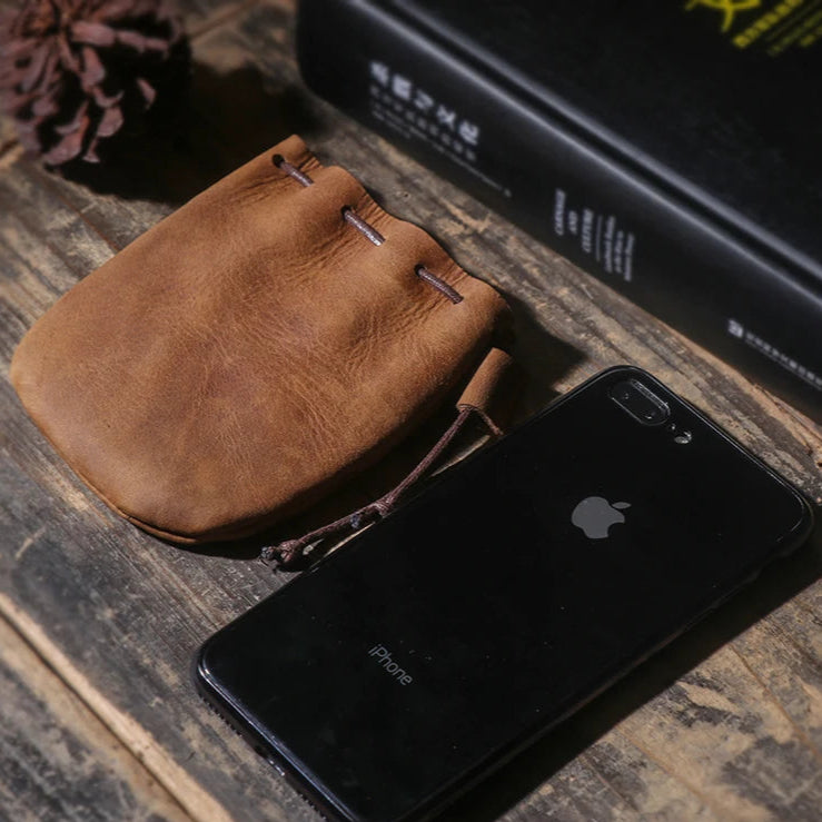 Retro leather pouch with drawstring