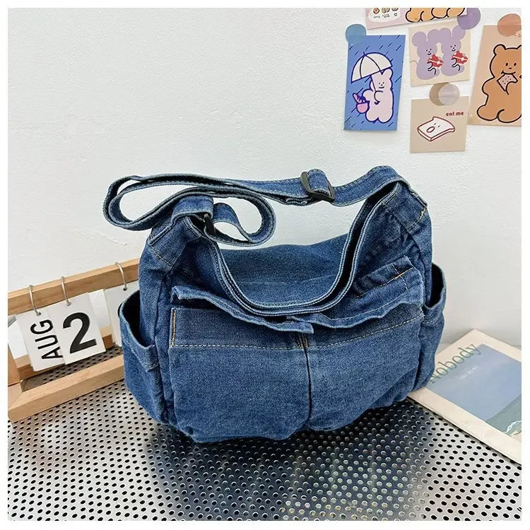 Denim top-handle handbag