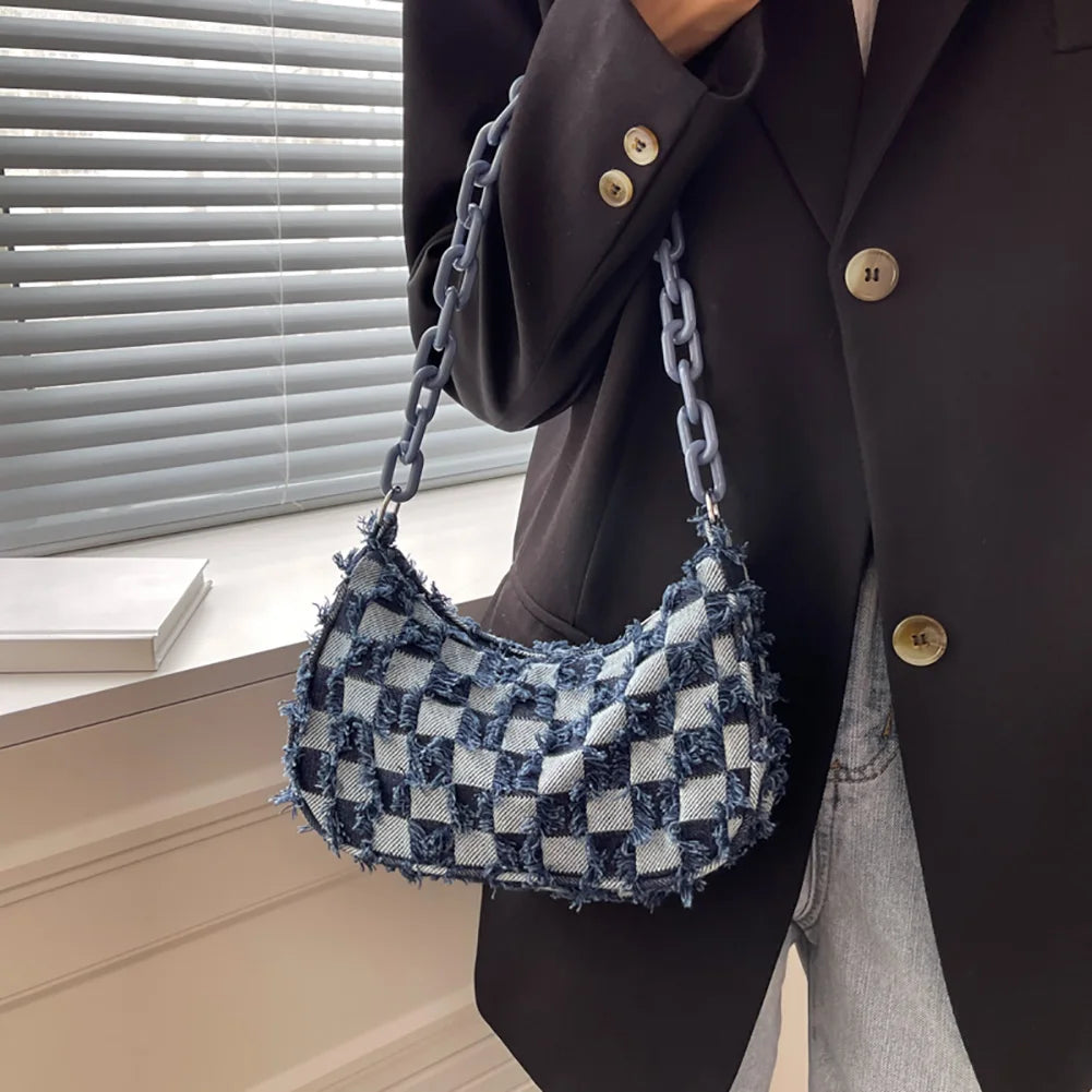 Cute mini denim clutch with chain