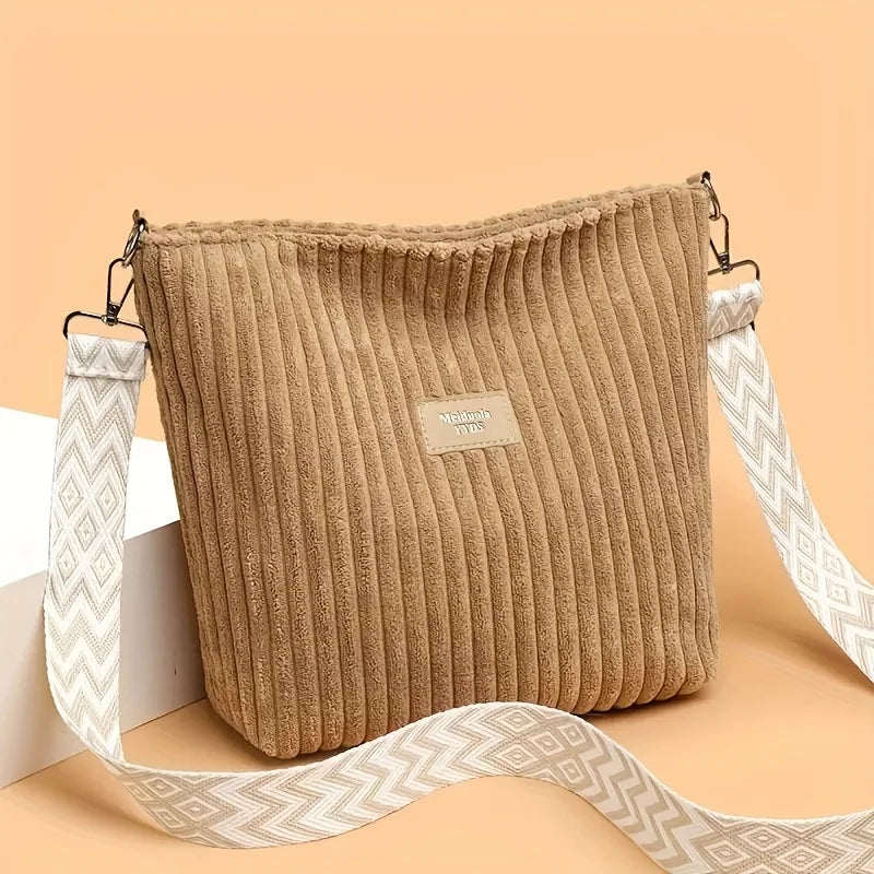 Large capacity corduroy shoulder handbag