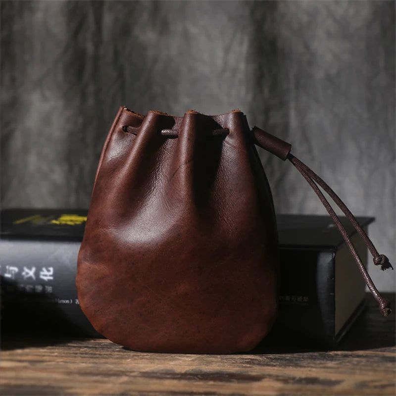 Retro leather pouch with drawstring