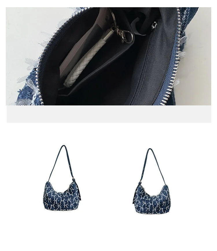 Boho chic denim purse with fringes and embroidery