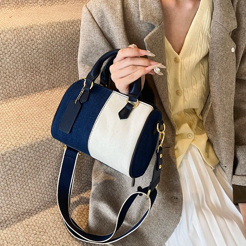 Retro large strap denim shoulder handbag