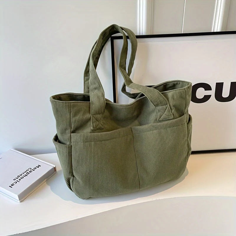 Large corduroy shoulder tote bag with multiple pockets