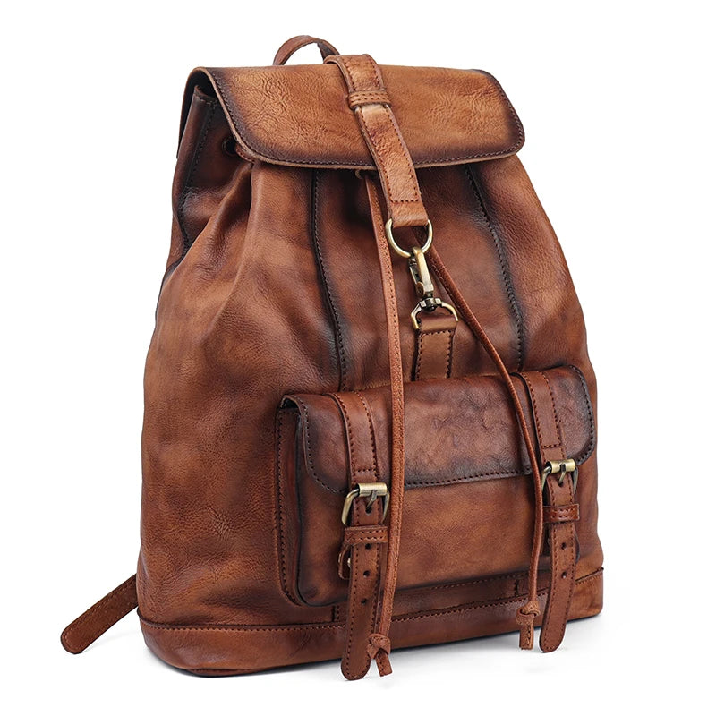Retro leather rucksack with drawstring closure