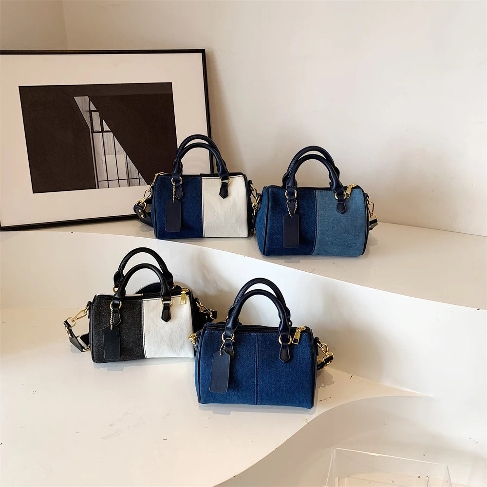 Retro large strap denim shoulder handbag