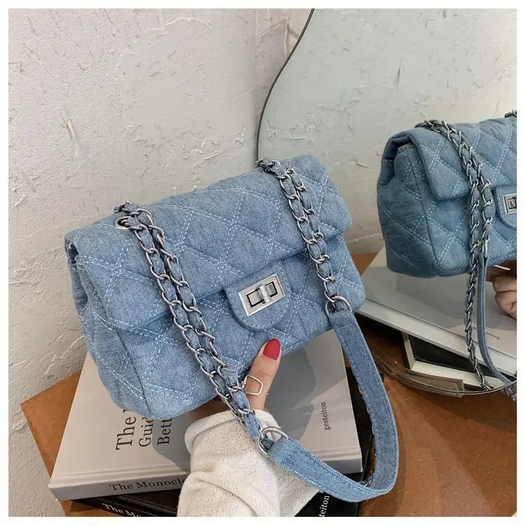 Compact flap denim handbag