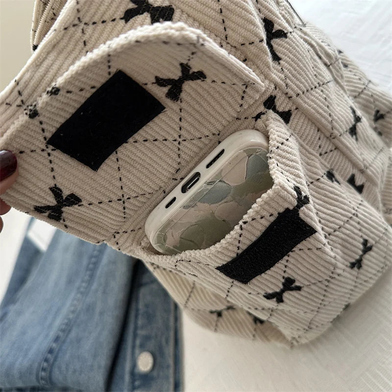 Bow pattern corduroy tote bag for women