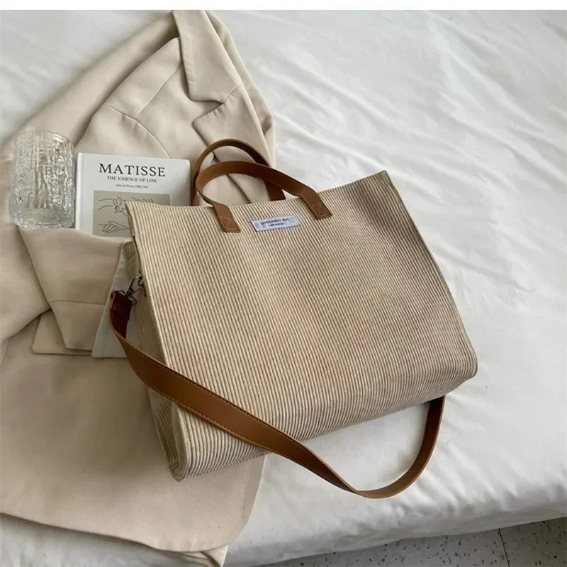 Elegant corduroy tote bag with leather handles