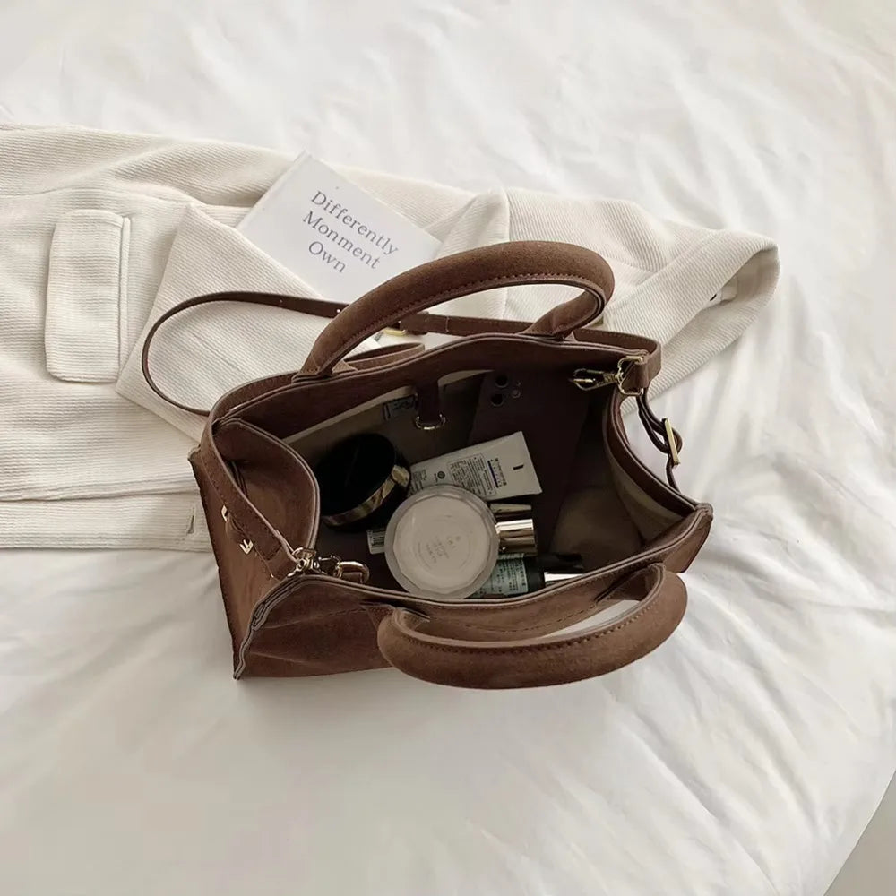 Suede handbag with double handle