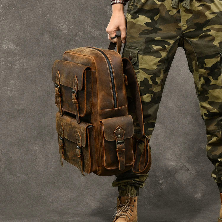 Large leather rucksack with buckles