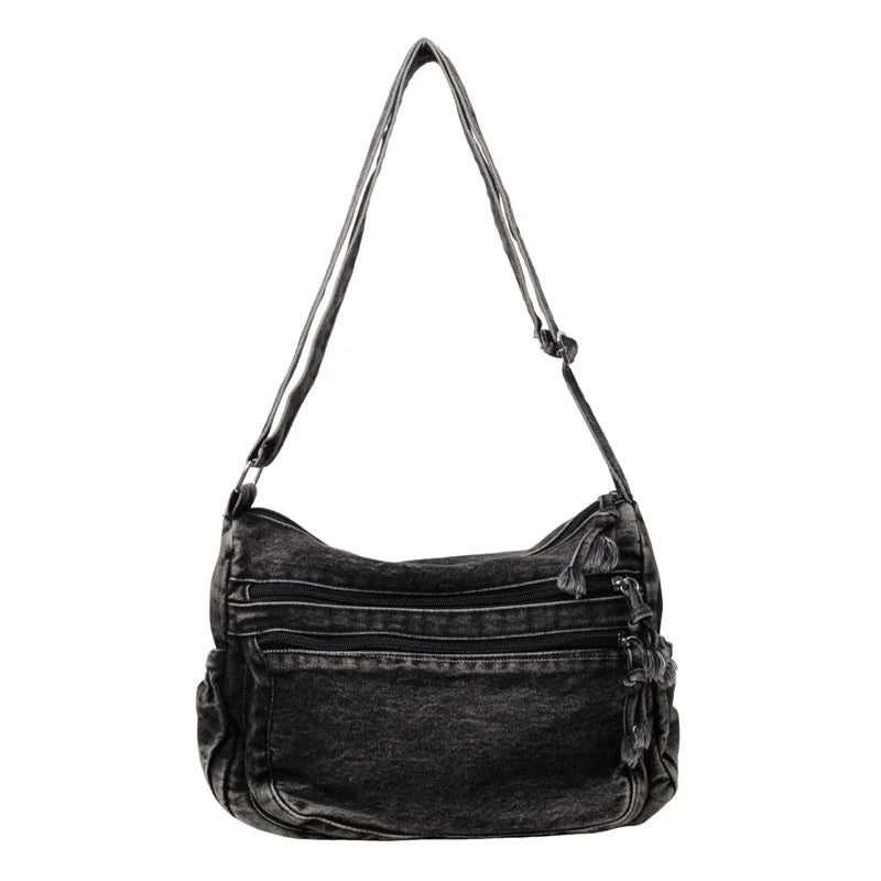 Multi-pockets denim shoulder bag for women