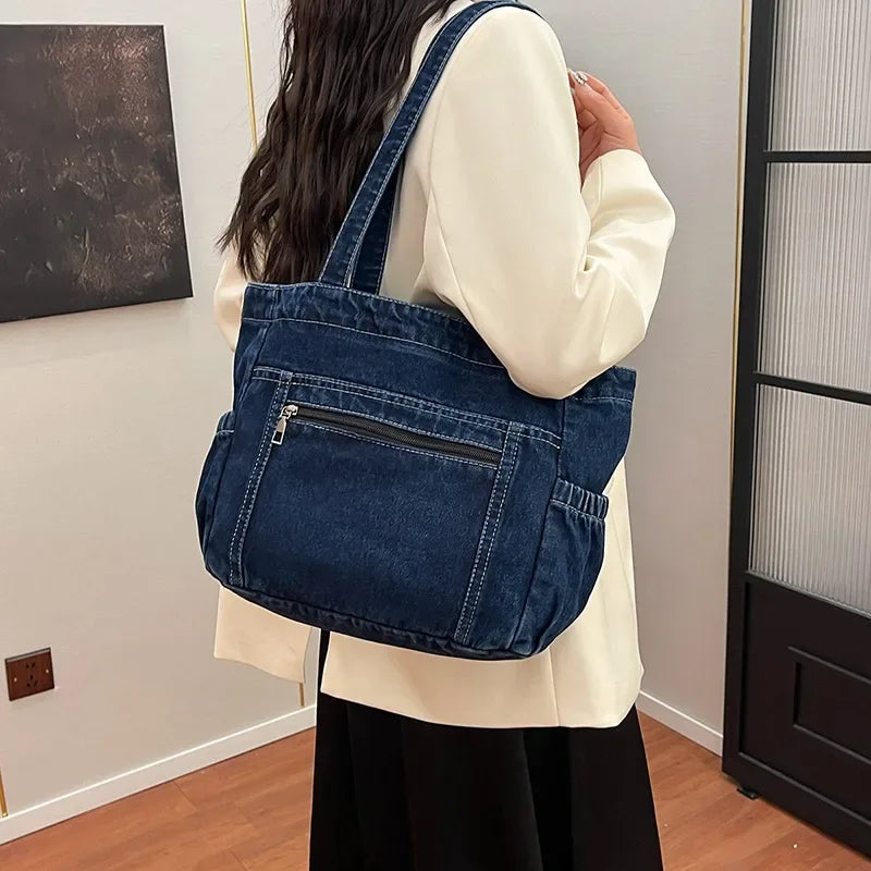 Denim tote bag with front pocket
