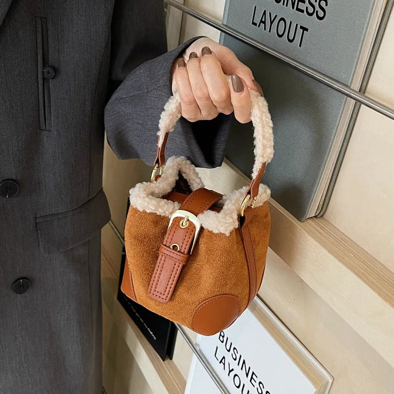 Mini square suede handbag with fake fur
