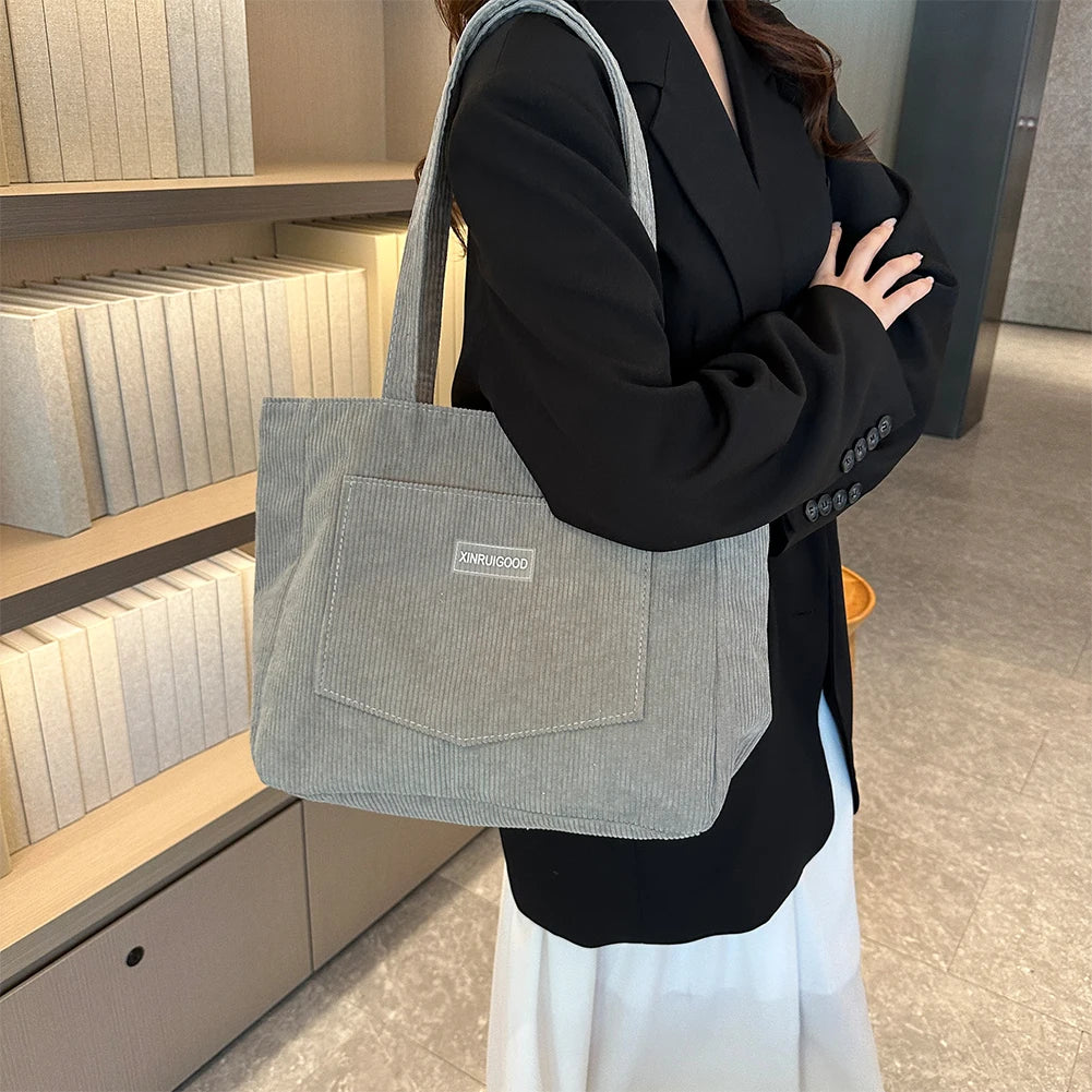 Large capacity corduroy shoulder tote bag