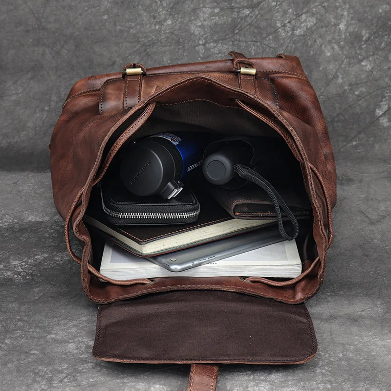 Retro leather rucksack with drawstring closure