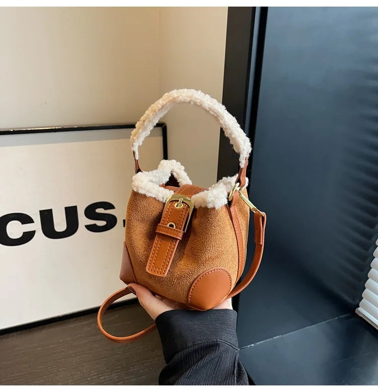 Mini square suede handbag with fake fur