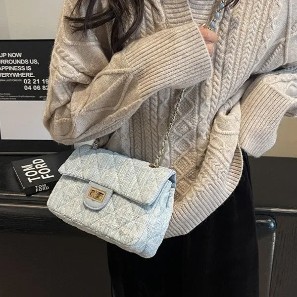 Compact flap denim handbag with chain straps