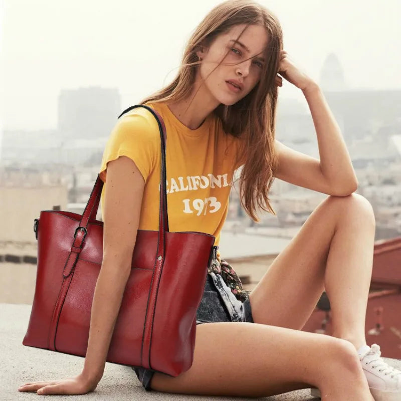 Large leather tote bag with zipper