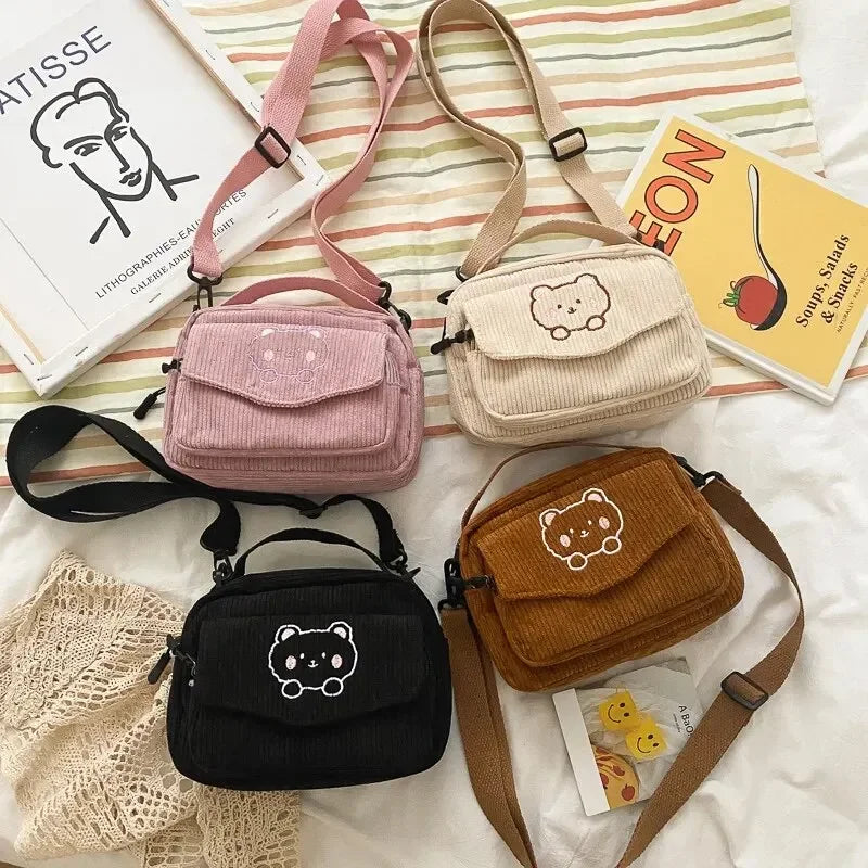 Mini bear corduroy handbag set in pastel colors