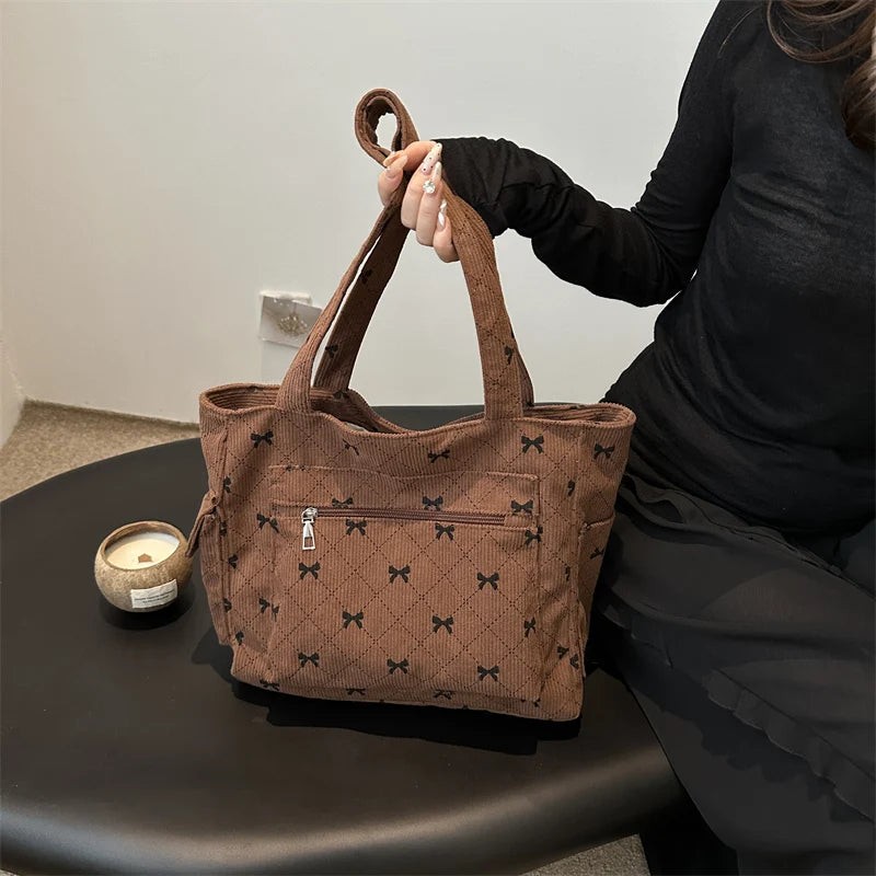 Bow pattern corduroy tote bag for women