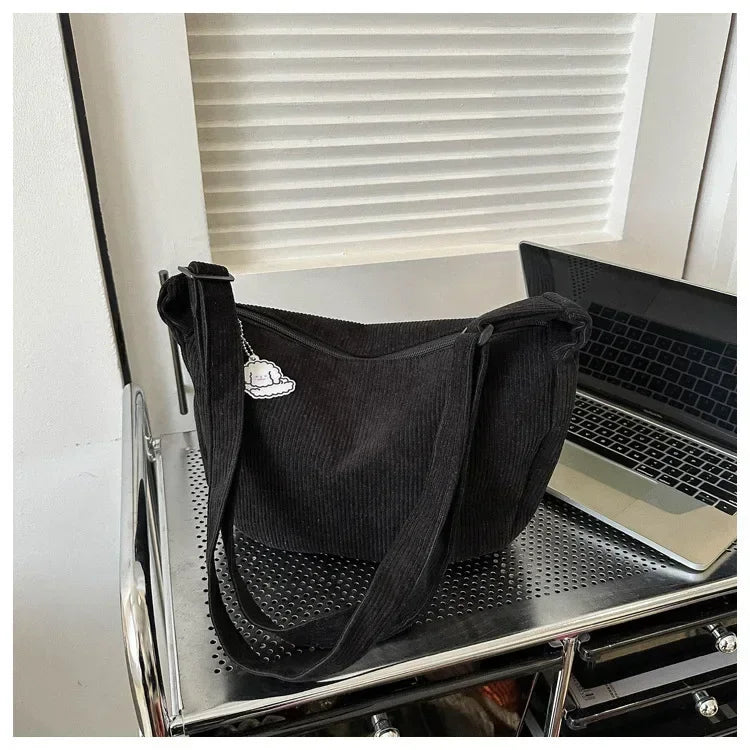 Corduroy handbag with adjustable shoulder strap