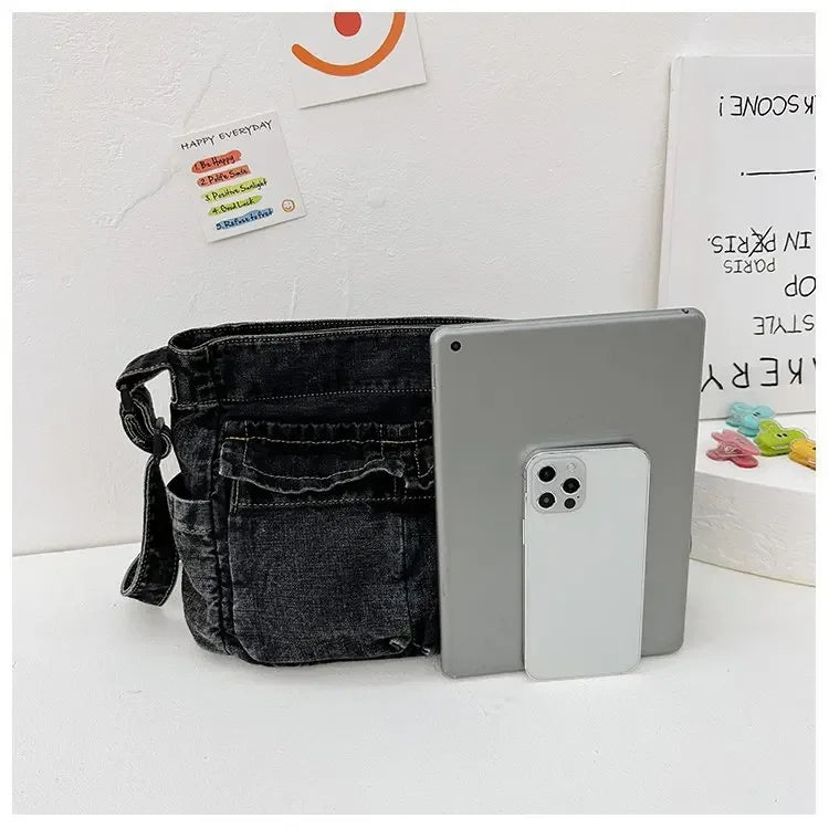 Denim top-handle handbag