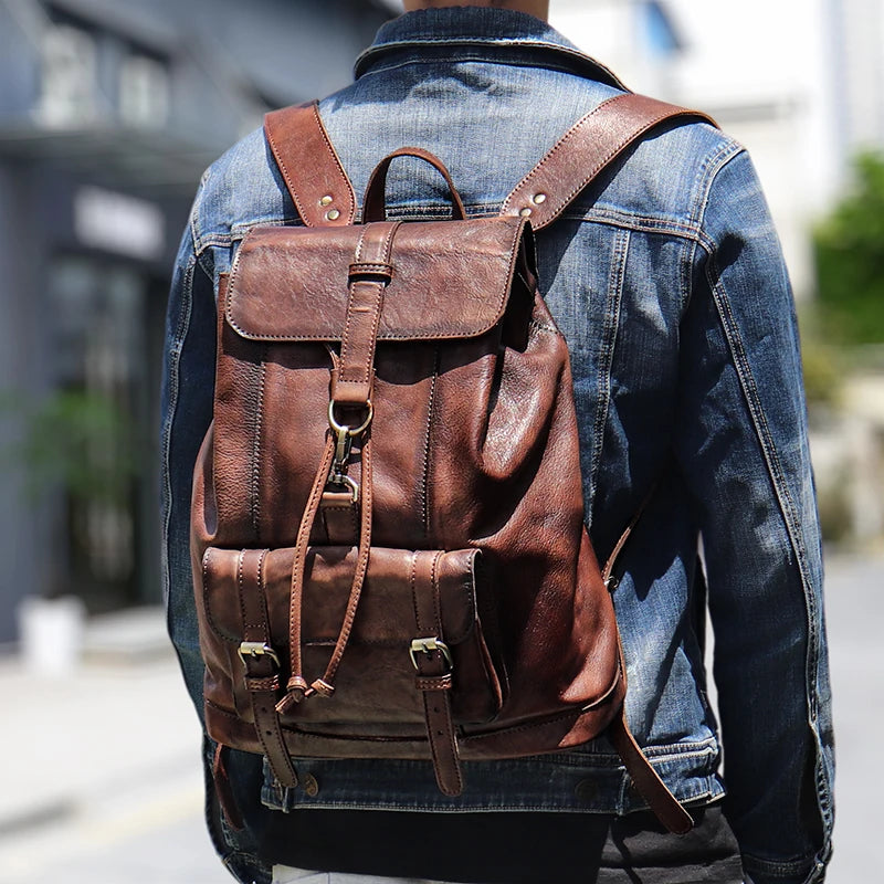Retro leather rucksack with drawstring closure