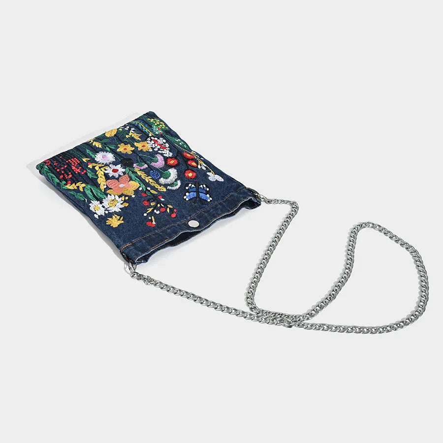 Embroidered floral denim shoulder bag