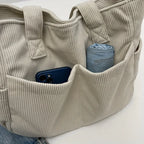 Large corduroy shoulder tote bag with multiple pockets