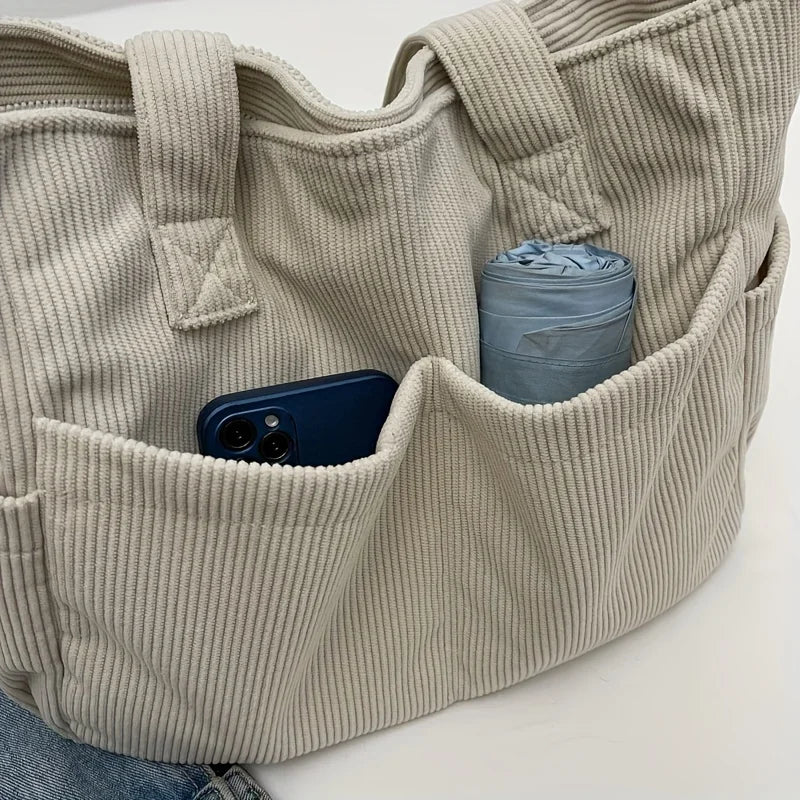 Large corduroy shoulder tote bag with multiple pockets