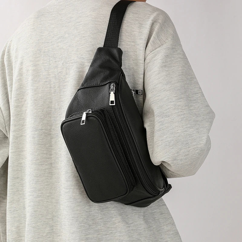 Large capacity leather bum bag for men