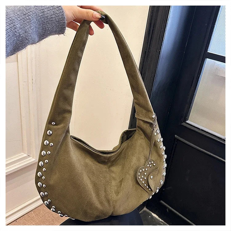 Chic suede shoulder bag with decorative strass