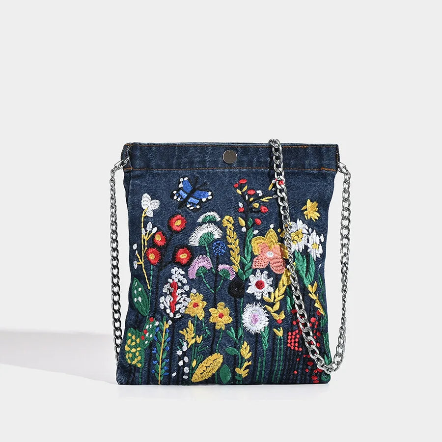Embroidered floral denim shoulder bag