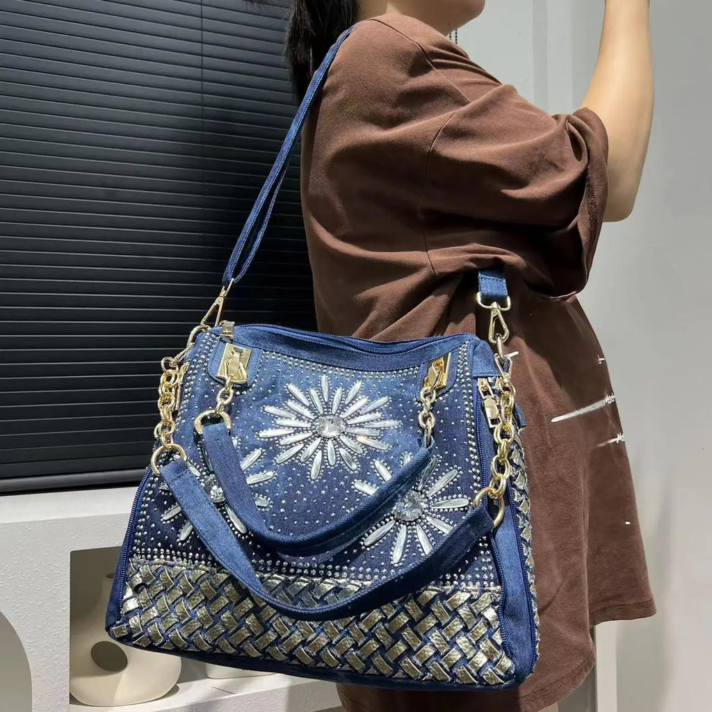 Elegant floral embroidered denim handbag with chain handle