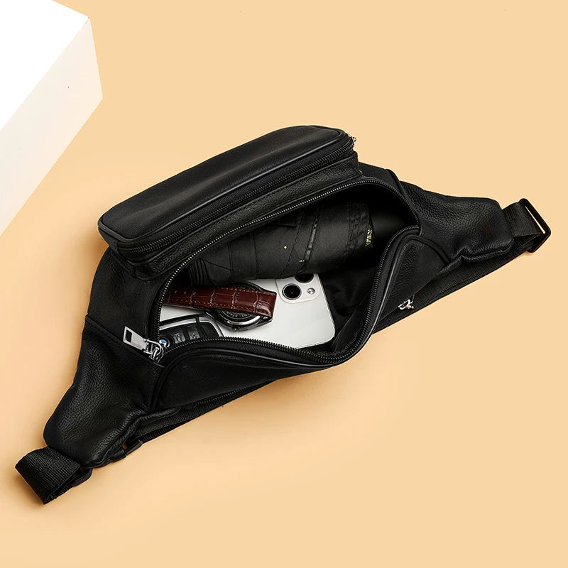 Large capacity leather bum bag for men