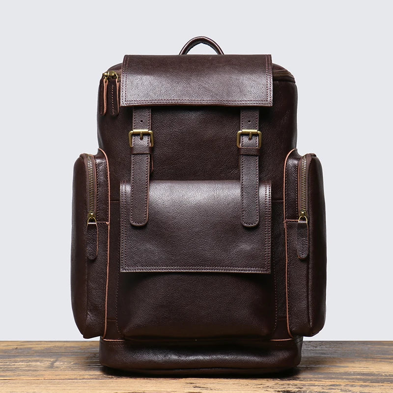 Tall leather rucksack with top flap