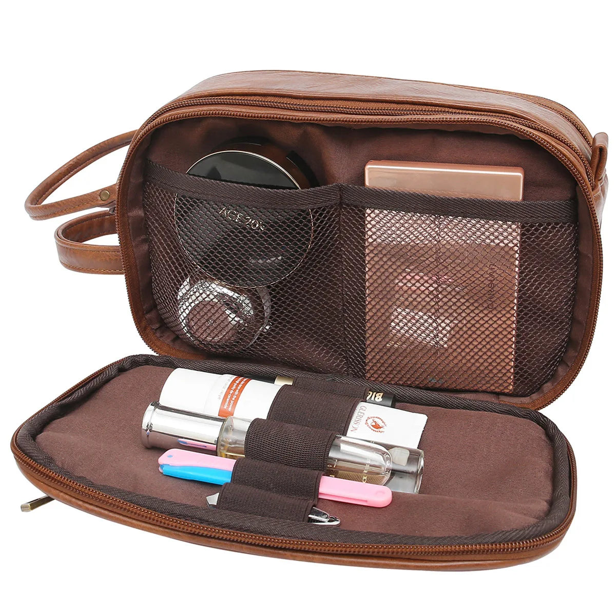 Fold-out leather travel toiletry bag