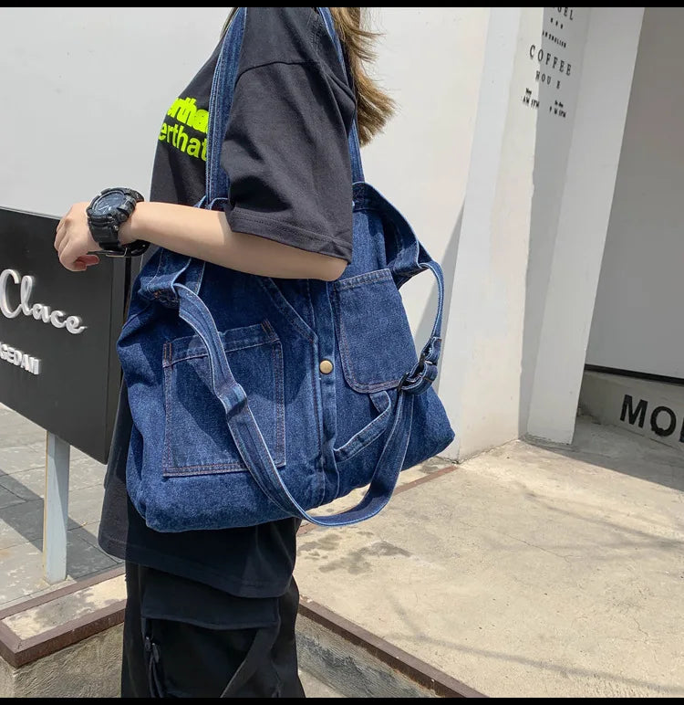 Classic denim tote bag with large capacity