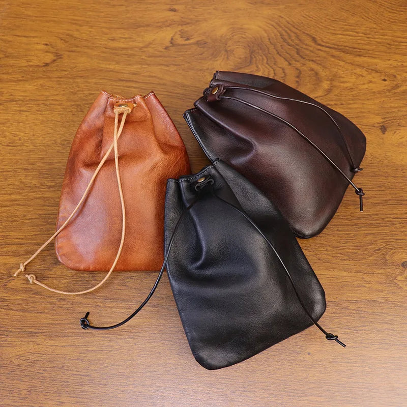 Leather coin pouch drawstring clutch