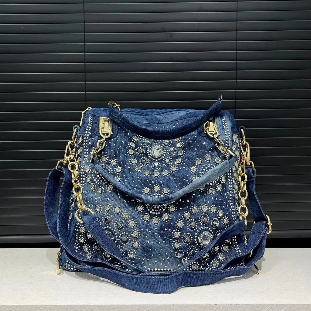 Elegant floral embroidered denim handbag with chain handle
