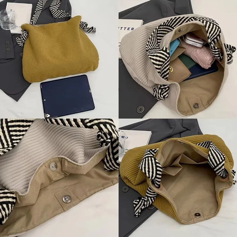 Corduroy handbag with wide shoulder strap