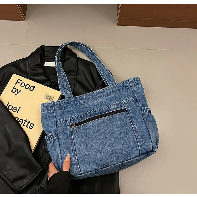 Denim tote bag with front pocket
