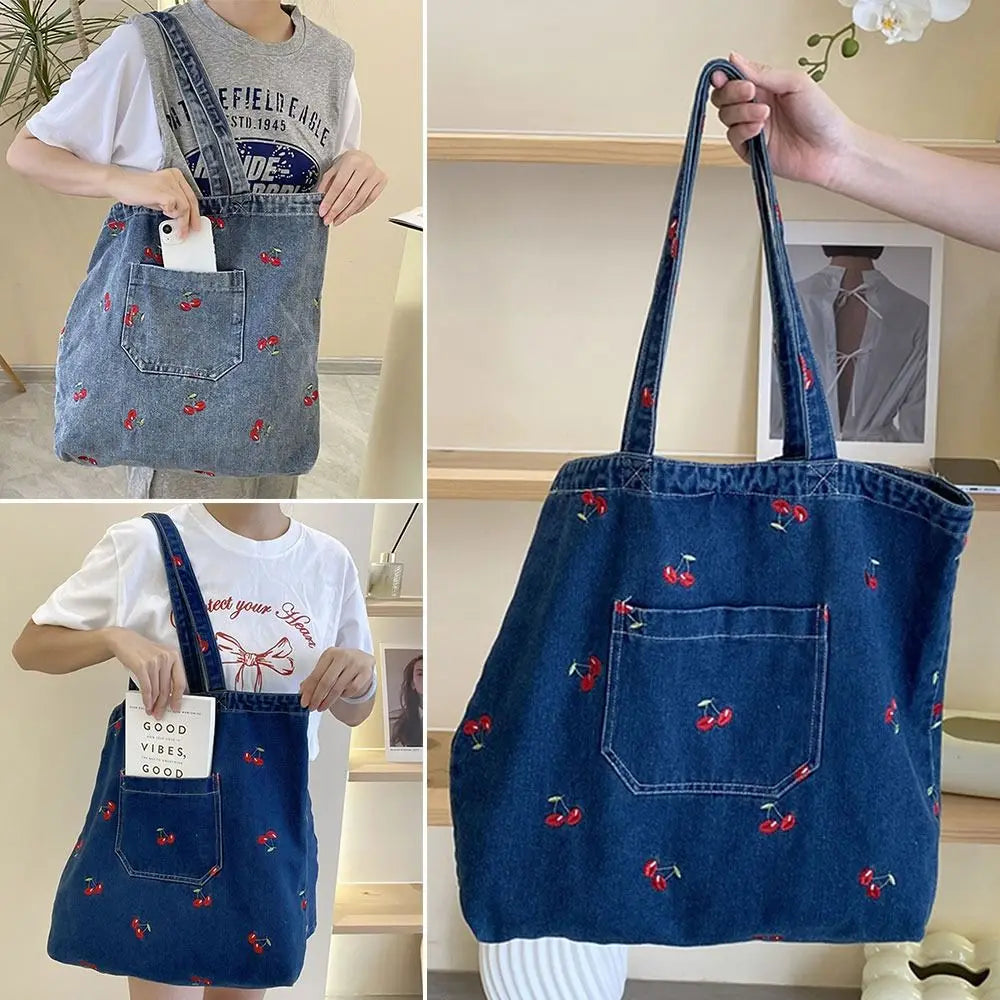 Denim tote bag with embroidery