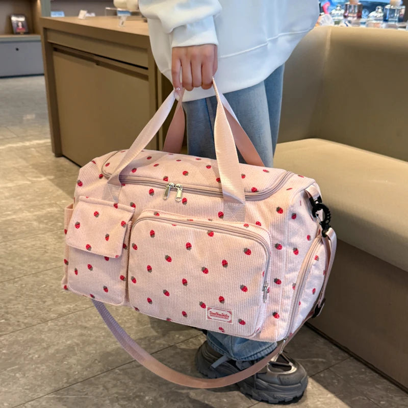 Corduroy travel toiletry bag with shoulder strap
