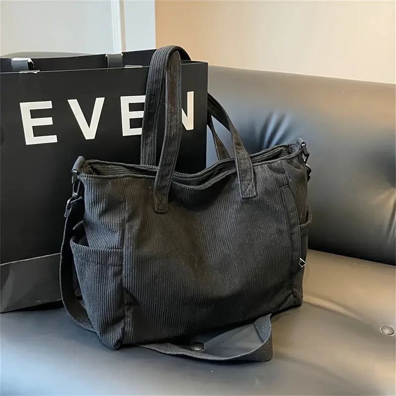 Corduroy tote bag with zipper closure and pockets