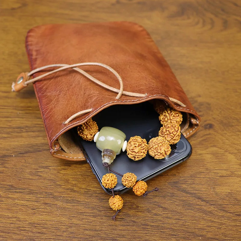 Leather coin pouch drawstring clutch