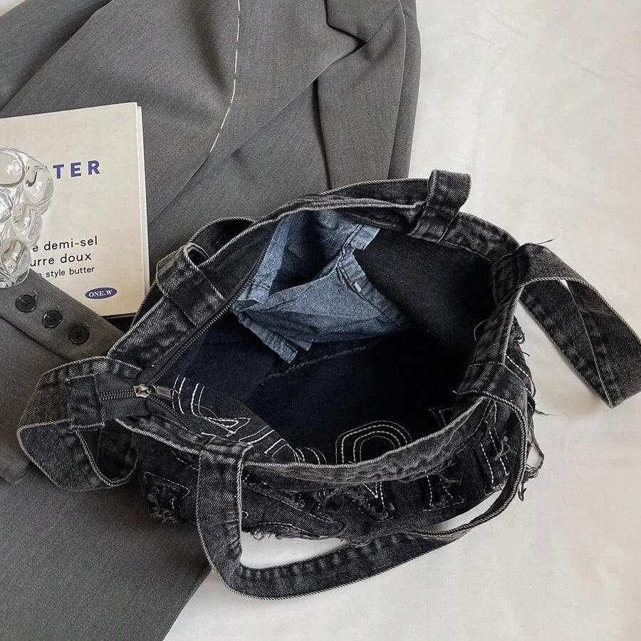 Foldable denim tote bag